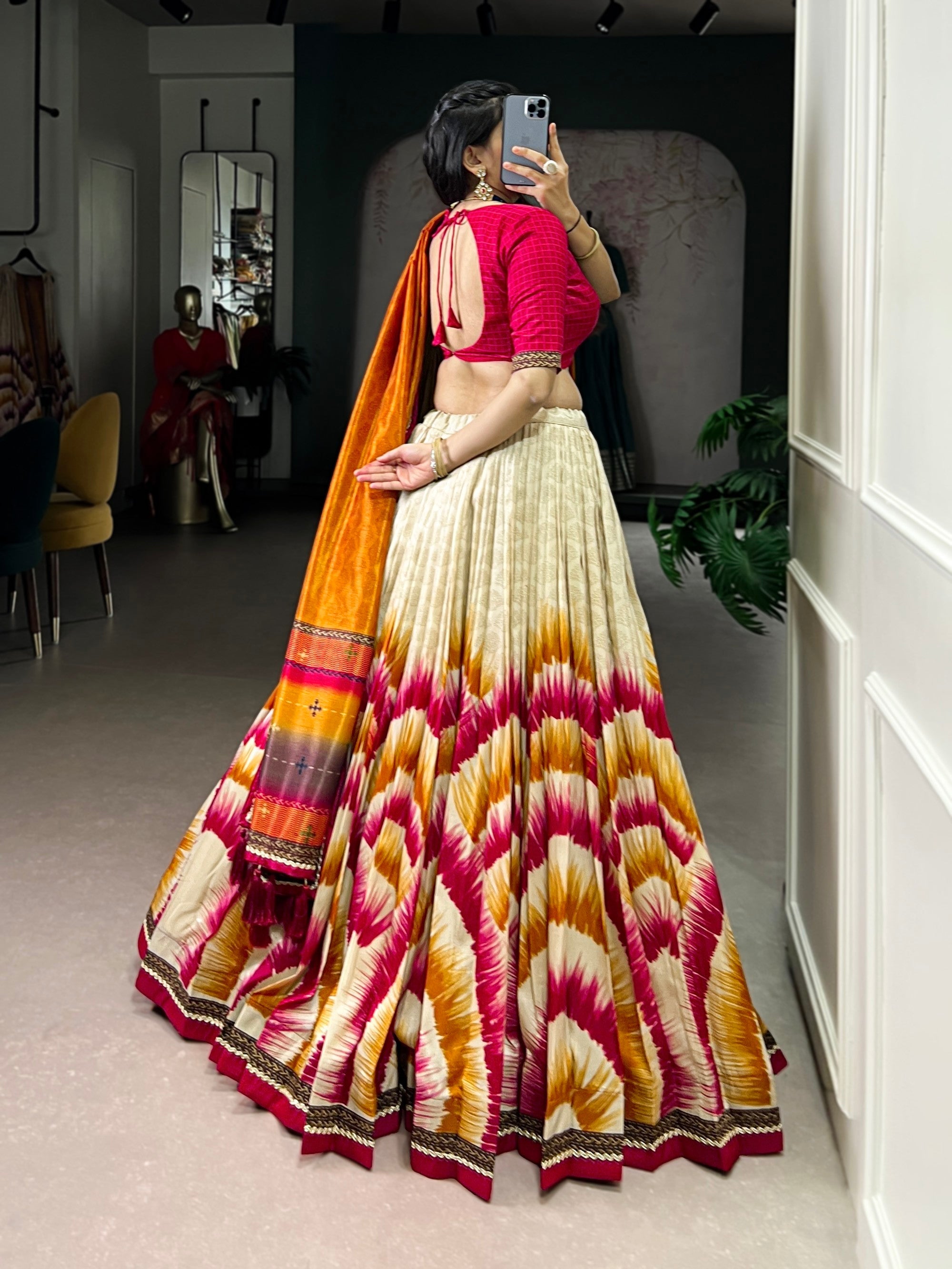 Lorenvalley Fashion Multicolor Tasar Silk Tie and Dye Print with Lace Touch Up Lehenga Choli with Dupatta | Grocsy