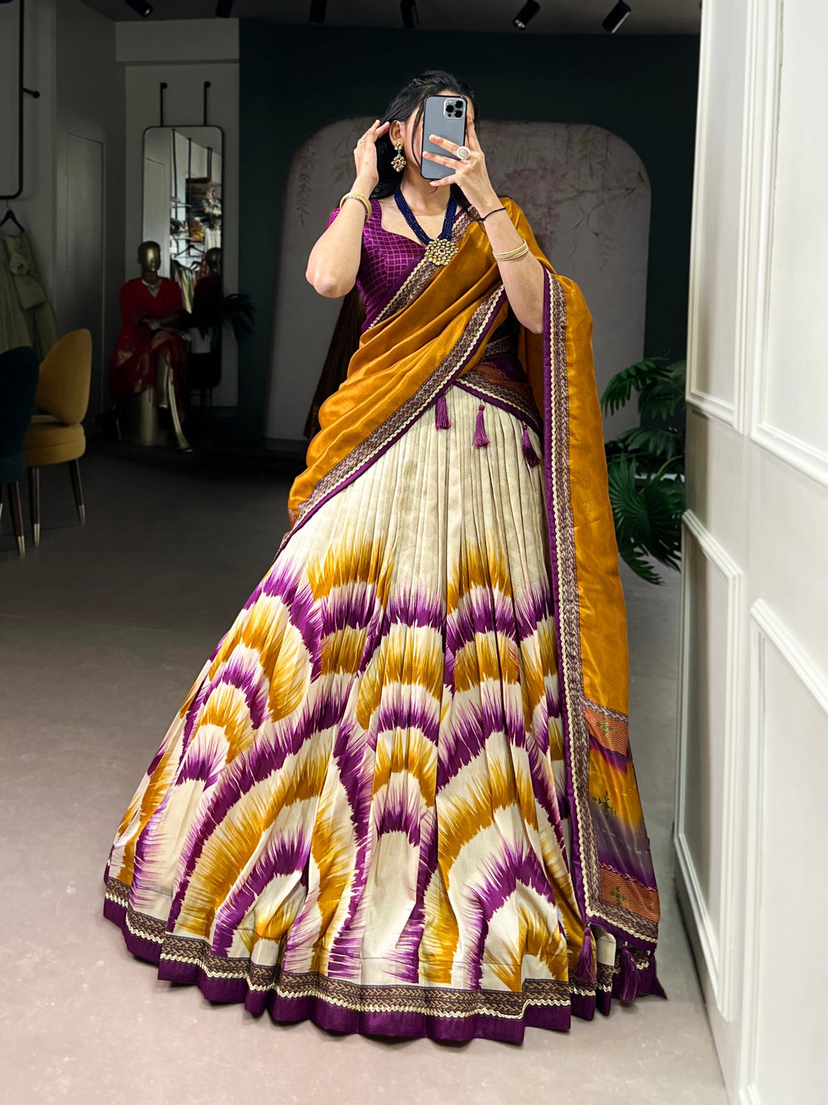 Lorenvalley Fashion Multicolor Tasar Silk Tie and Dye Print with Lace Touch Up Lehenga Choli with Dupatta | Grocsy