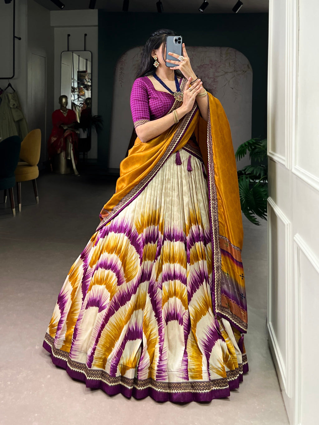 Lorenvalley Fashion Multicolor Tasar Silk Tie and Dye Print with Lace Touch Up Lehenga Choli with Dupatta | Grocsy