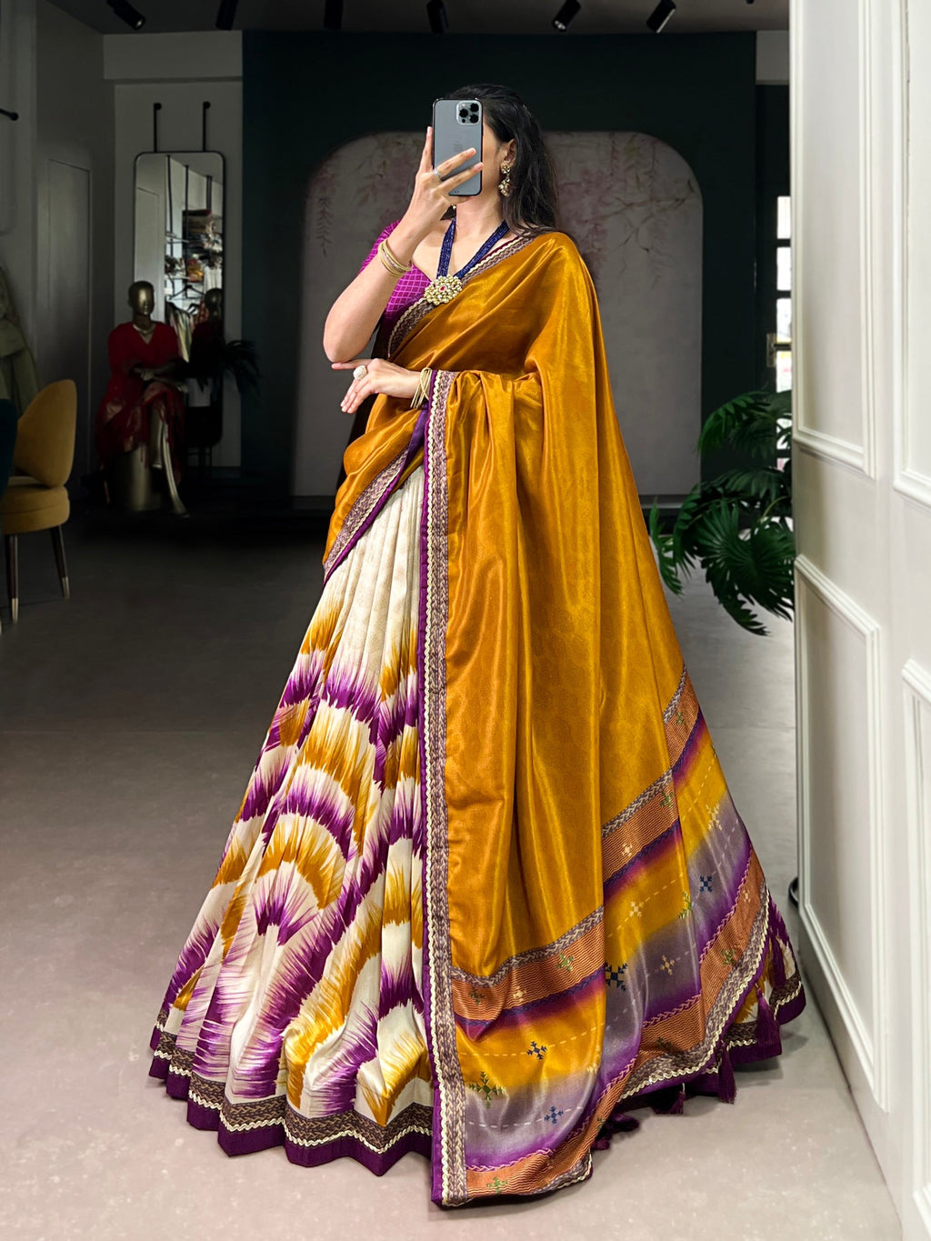 Lorenvalley Fashion Multicolor Tasar Silk Tie and Dye Print with Lace Touch Up Lehenga Choli with Dupatta | Grocsy