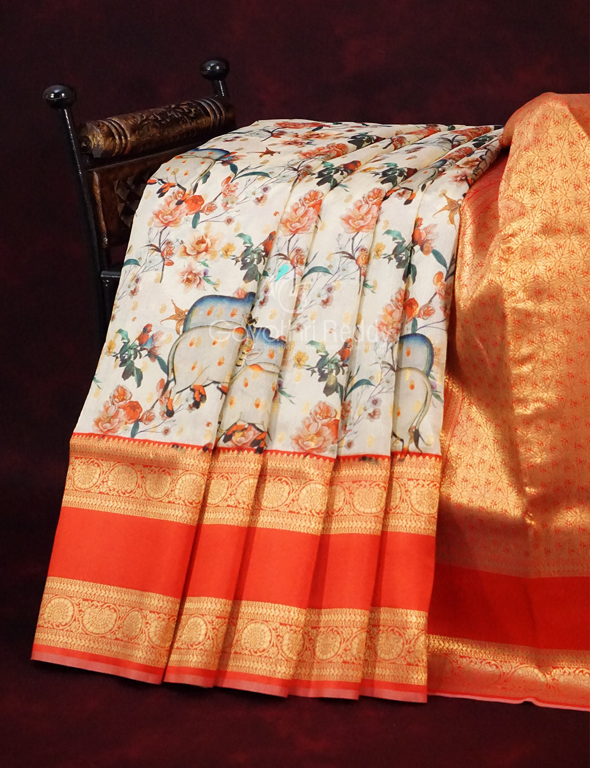 Off White Banaras Border Pichwai Design Banarasi Semi Silk Saree By Gayathri Reddy Designer Studio | Grocsy