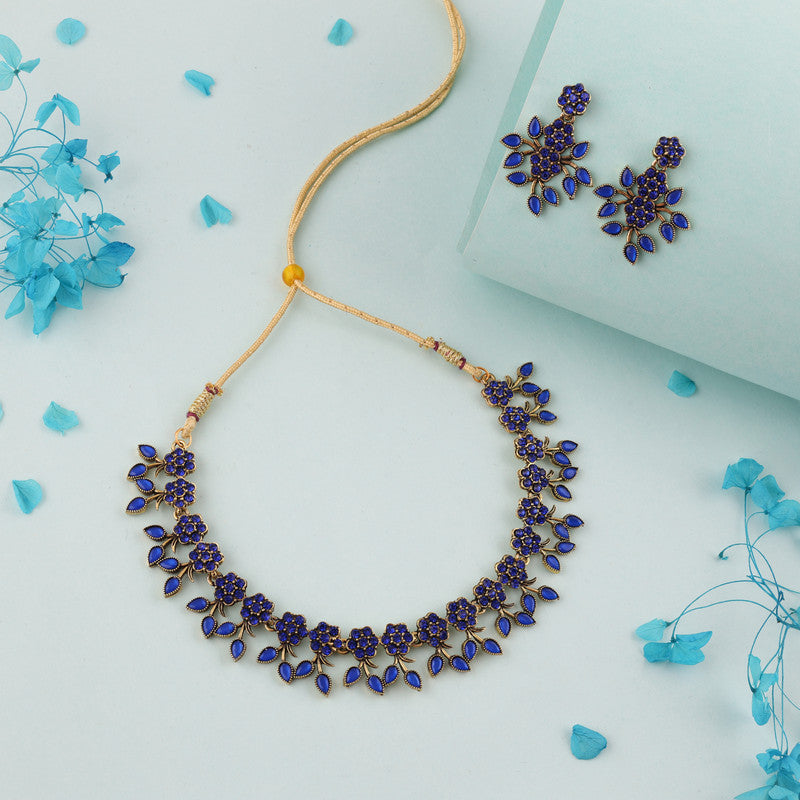 Tehzeeb Creations Royal Blue Pack of 1 Gold-Polished Choker Necklace Set With Earring For Women & Girls | Grocsy