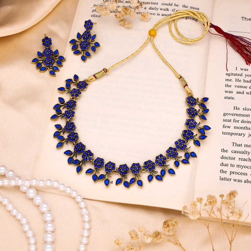 Tehzeeb Creations Royal Blue Pack of 1 Gold-Polished Choker Necklace Set With Earring For Women & Girls | Grocsy