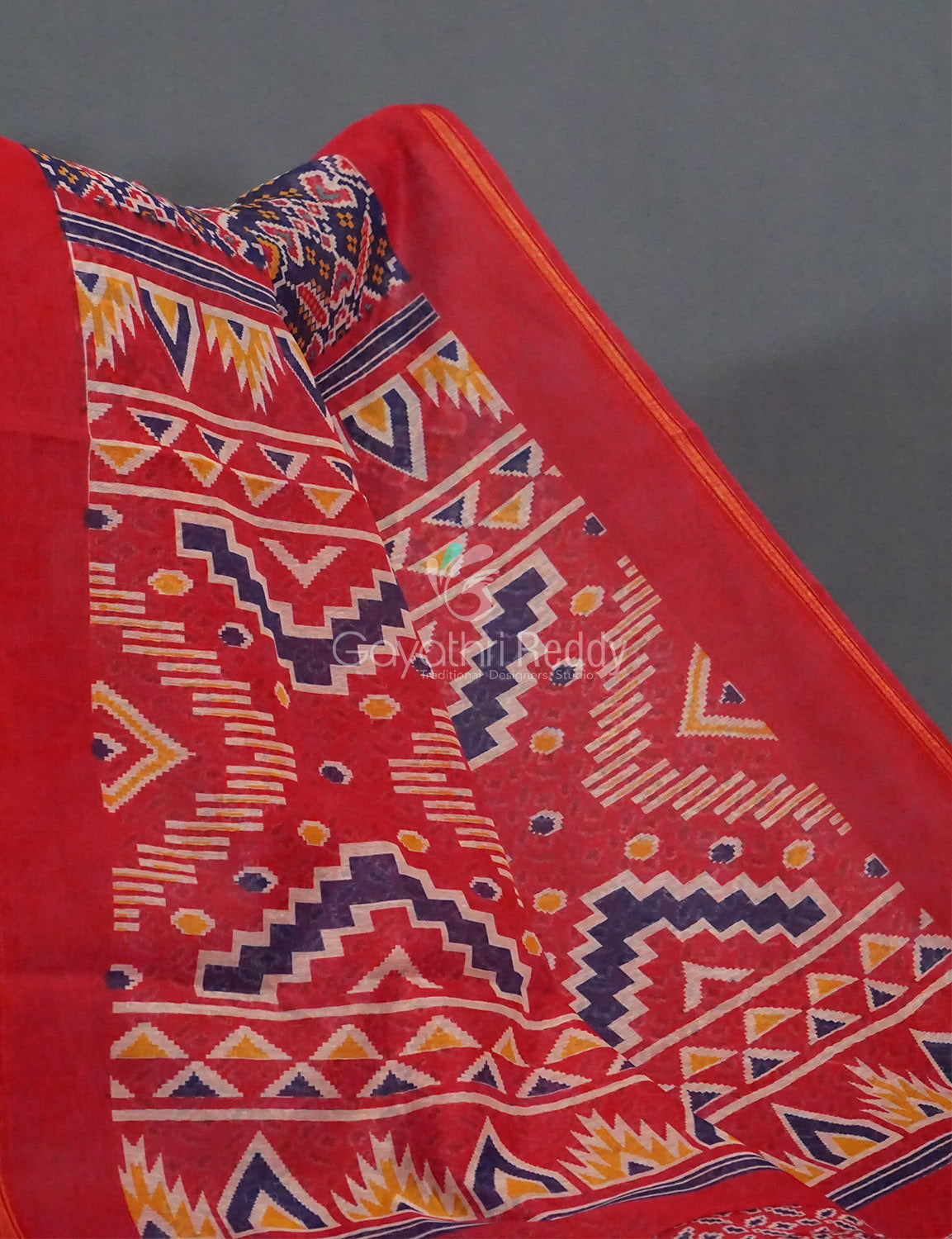 Navy Blue And Red Colour Patola Print Semi Chanderi Saree By Gayathri Reddy Designer Studio | Grocsy