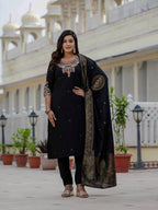 Vedant Vastram Roman Silk Embroidery & Sequence Work Stitched Kurta Pant Dupatta Set-Black | Grocsy