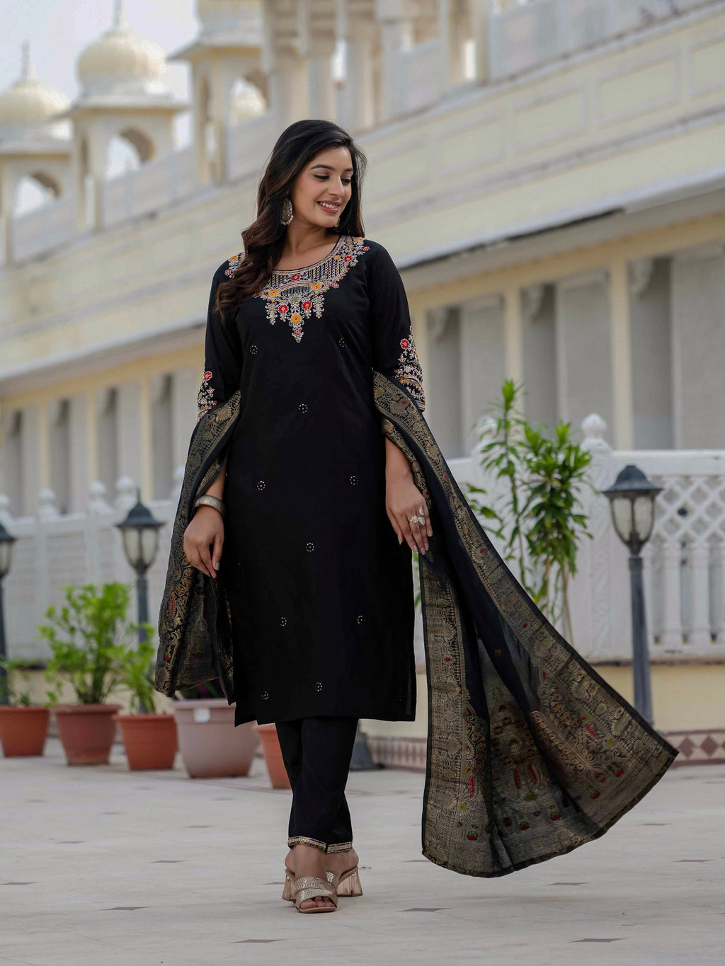 Vedant Vastram Roman Silk Embroidery & Sequence Work Stitched Kurta Pant Dupatta Set-Black | Grocsy