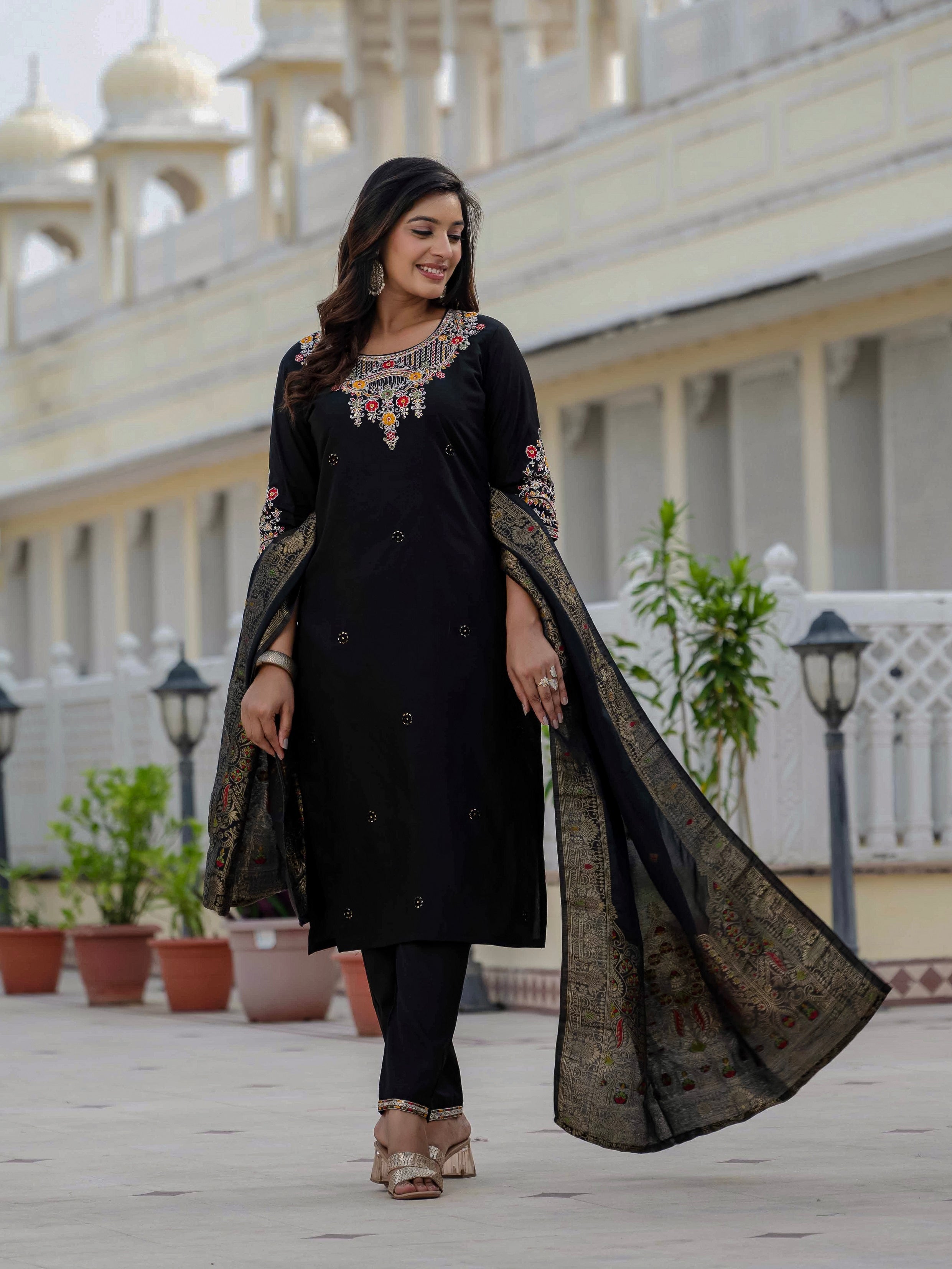 Vedant Vastram Roman Silk Embroidery & Sequence Work Stitched Kurta Pant Dupatta Set-Black | Grocsy