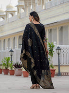 Vedant Vastram Roman Silk Embroidery & Sequence Work Stitched Kurta Pant Dupatta Set-Black | Grocsy