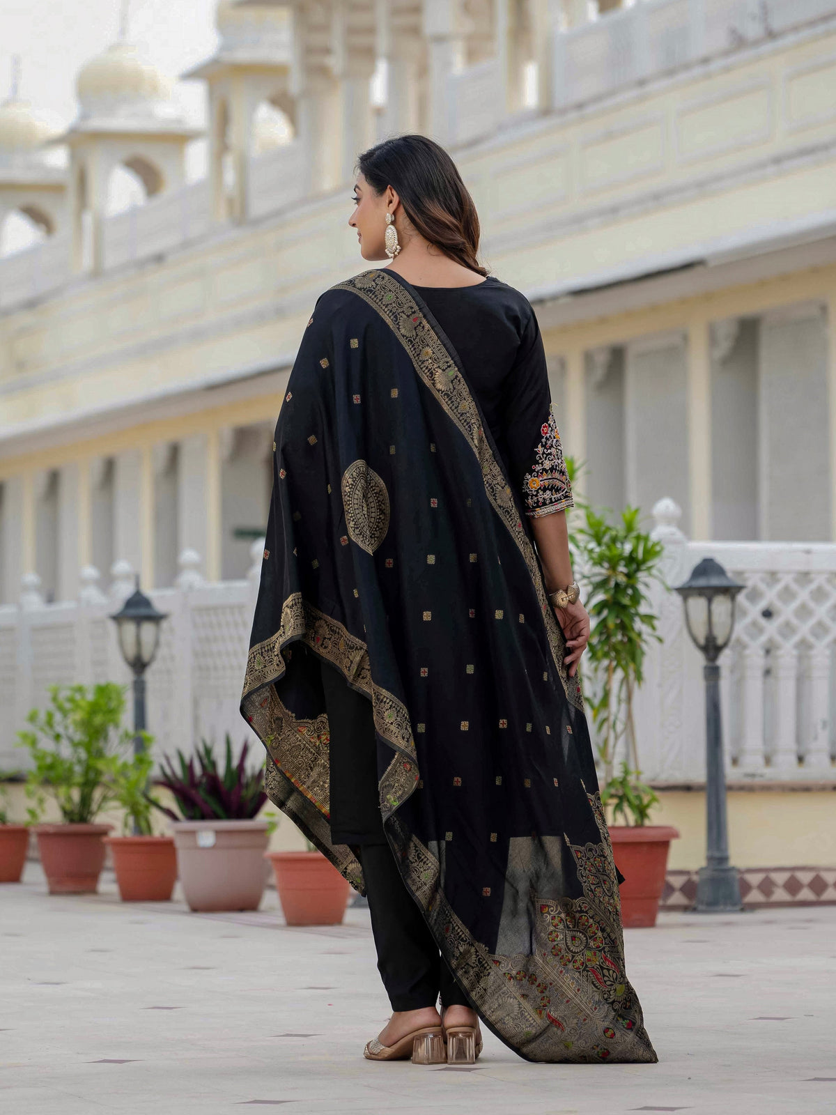 Vedant Vastram Roman Silk Embroidery & Sequence Work Stitched Kurta Pant Dupatta Set-Black | Grocsy