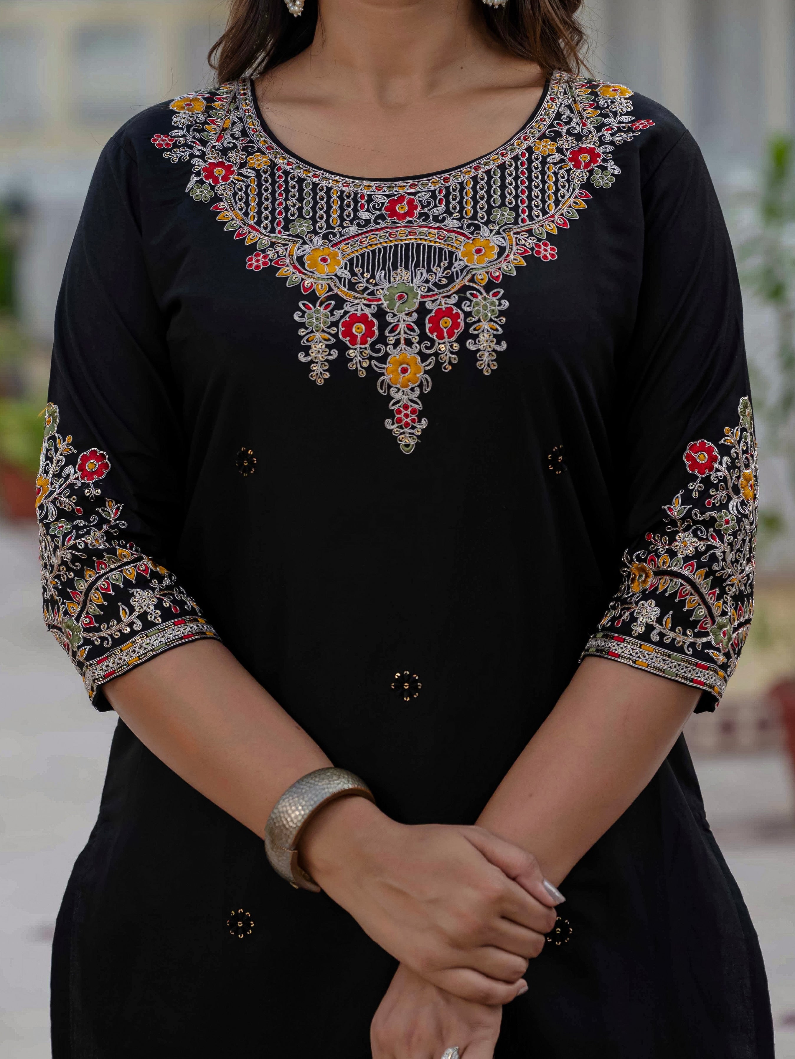 Vedant Vastram Roman Silk Embroidery & Sequence Work Stitched Kurta Pant Dupatta Set-Black | Grocsy