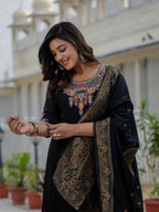 Vedant Vastram Roman Silk Embroidery & Sequence Work Stitched Kurta Pant Dupatta Set-Black | Grocsy