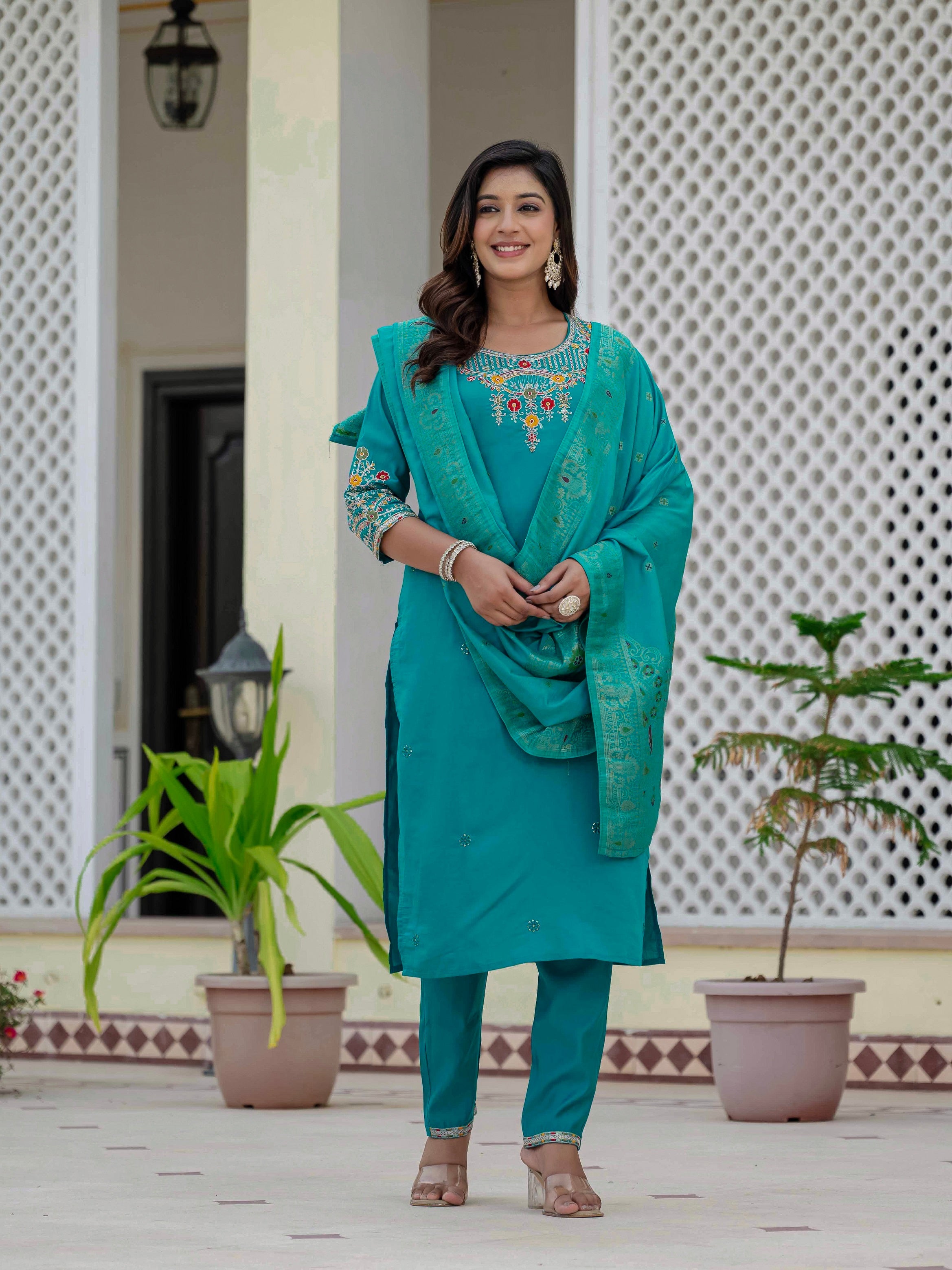 Vedant Vastram Roman Silk Embroidery & Sequence Work Stitched Kurta Pant Dupatta Set-Firozi | Grocsy