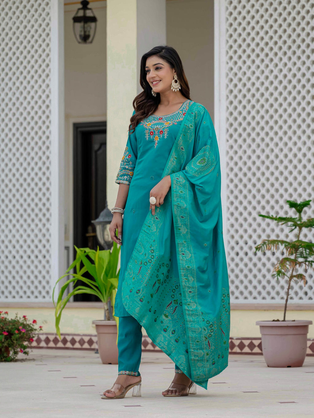 Vedant Vastram Roman Silk Embroidery & Sequence Work Stitched Kurta Pant Dupatta Set-Firozi | Grocsy