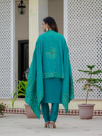 Vedant Vastram Roman Silk Embroidery & Sequence Work Stitched Kurta Pant Dupatta Set-Firozi | Grocsy