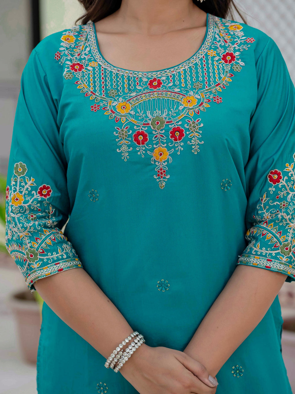 Vedant Vastram Roman Silk Embroidery & Sequence Work Stitched Kurta Pant Dupatta Set-Firozi | Grocsy