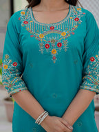 Vedant Vastram Roman Silk Embroidery & Sequence Work Stitched Kurta Pant Dupatta Set-Firozi | Grocsy