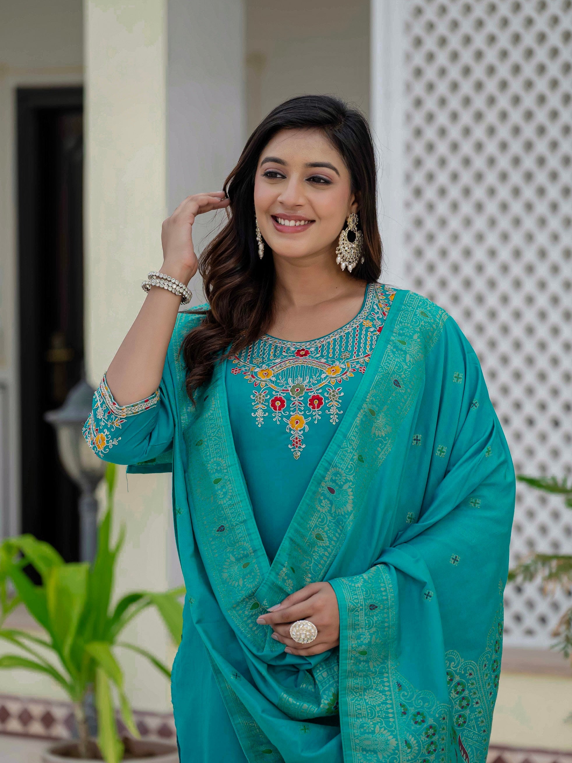 Vedant Vastram Roman Silk Embroidery & Sequence Work Stitched Kurta Pant Dupatta Set-Firozi | Grocsy