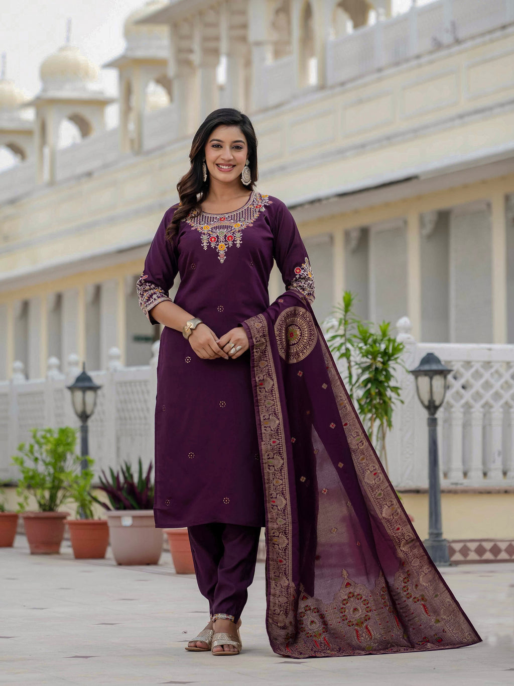 Vedant Vastram Roman Silk Embroidery & Sequence Work Stitched Kurta Pant Dupatta Set-Wine | Grocsy