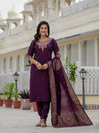 Vedant Vastram Roman Silk Embroidery & Sequence Work Stitched Kurta Pant Dupatta Set-Wine | Grocsy