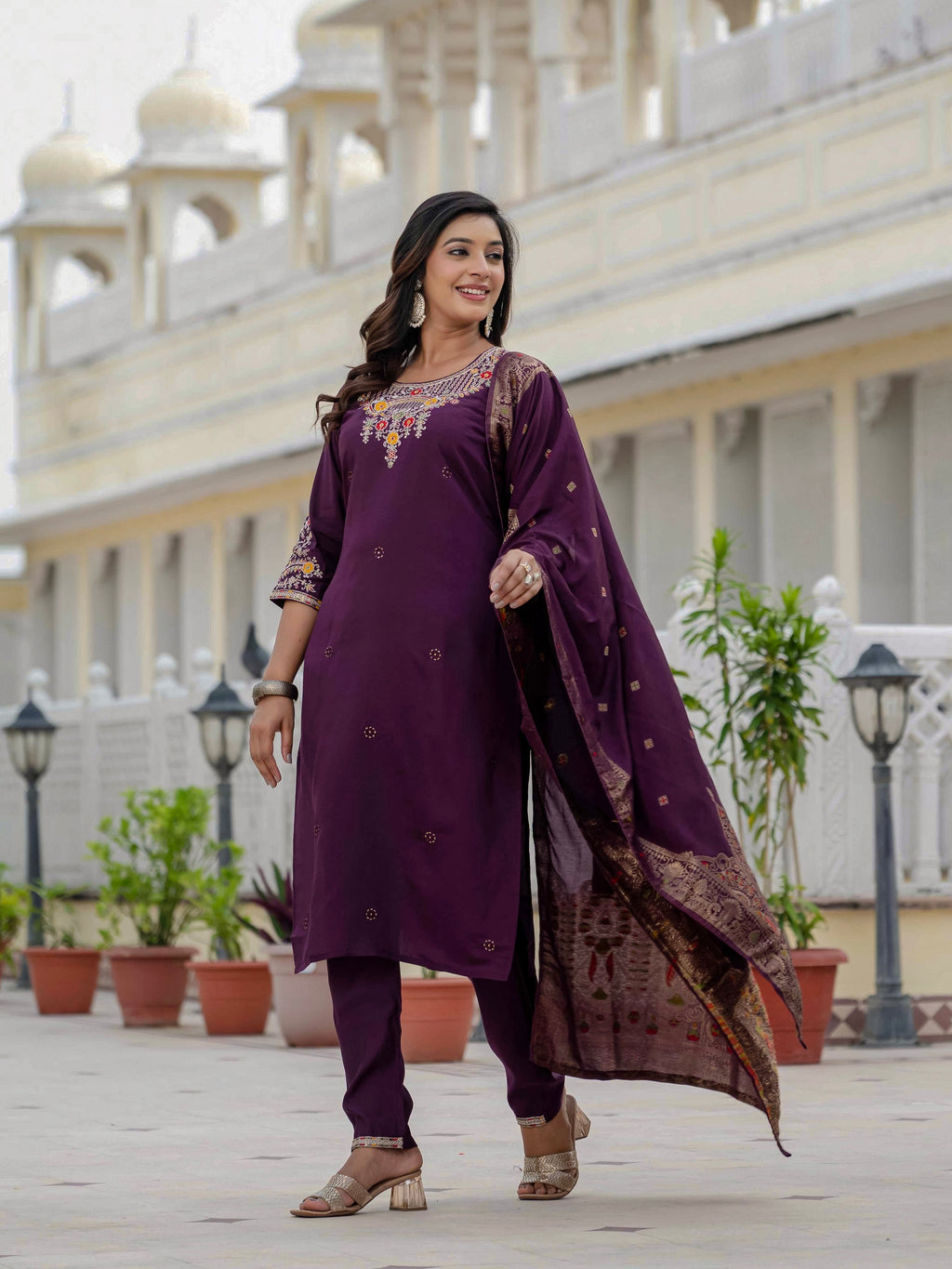 Vedant Vastram Roman Silk Embroidery & Sequence Work Stitched Kurta Pant Dupatta Set-Wine | Grocsy