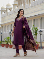 Vedant Vastram Roman Silk Embroidery & Sequence Work Stitched Kurta Pant Dupatta Set-Wine | Grocsy