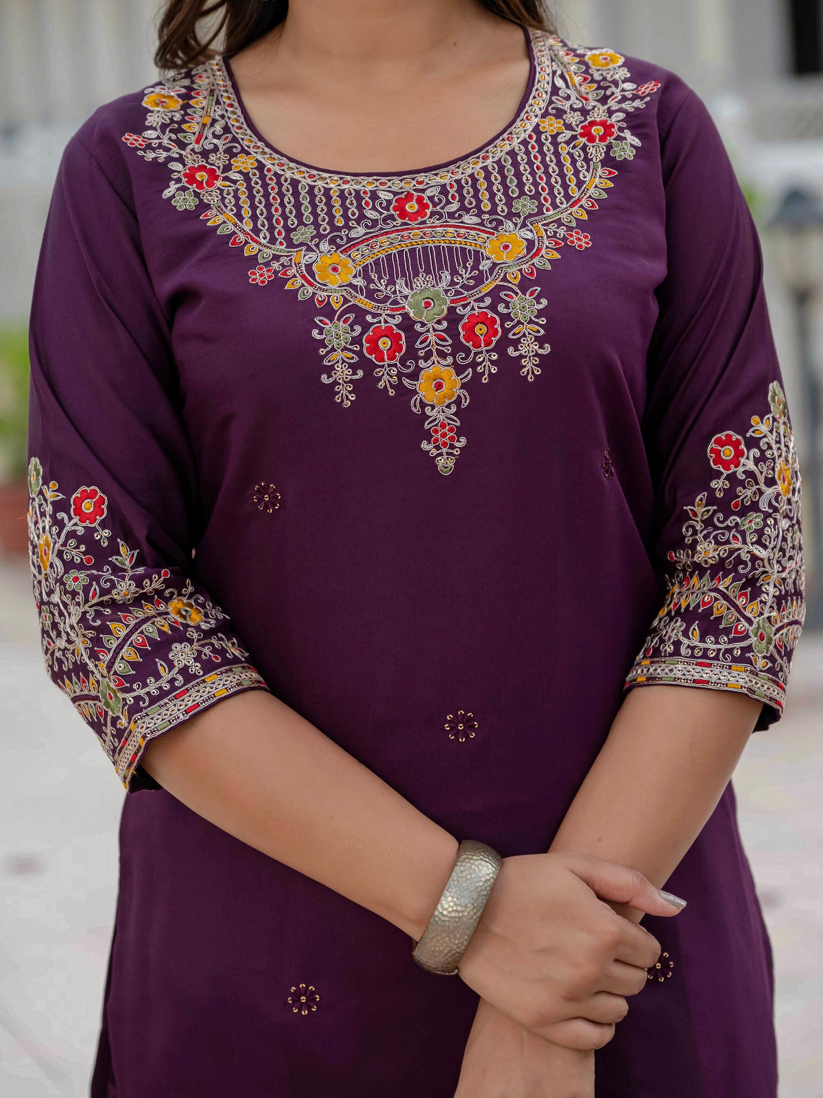 Vedant Vastram Roman Silk Embroidery & Sequence Work Stitched Kurta Pant Dupatta Set-Wine | Grocsy