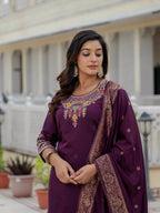 Vedant Vastram Roman Silk Embroidery & Sequence Work Stitched Kurta Pant Dupatta Set-Wine | Grocsy