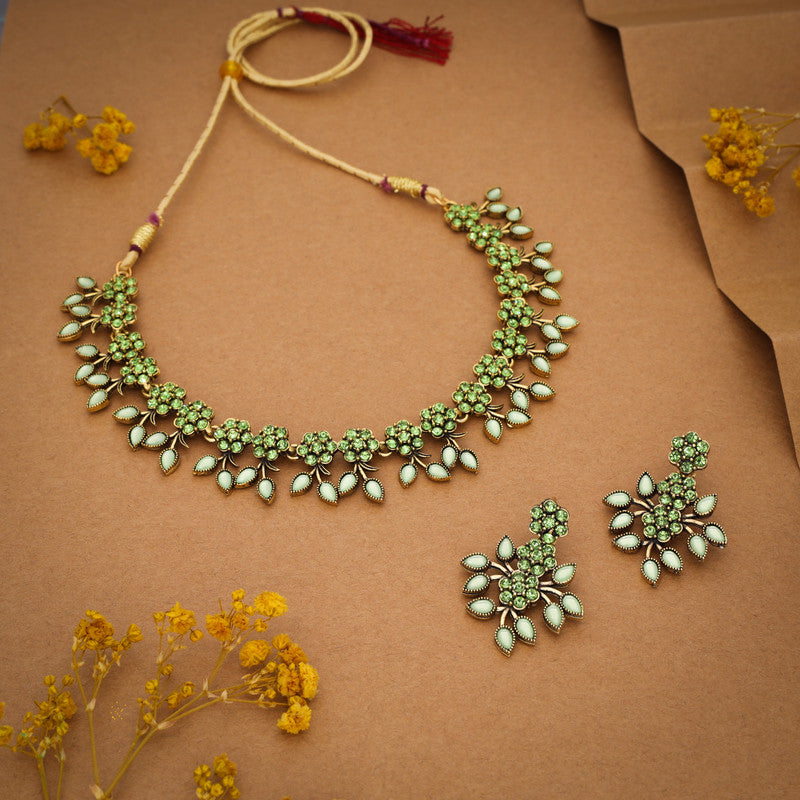 Tehzeeb Creations Sea Green Pack of 1 Gold-Polished Choker Necklace Set With Earring For Women & Girls | Grocsy
