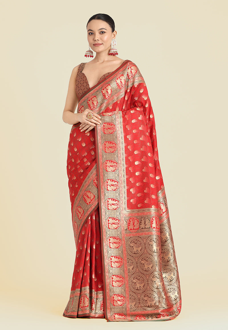 Monjolika Fashion Red Color Weaving Banarasi Silktraditional Saree | Grocsy