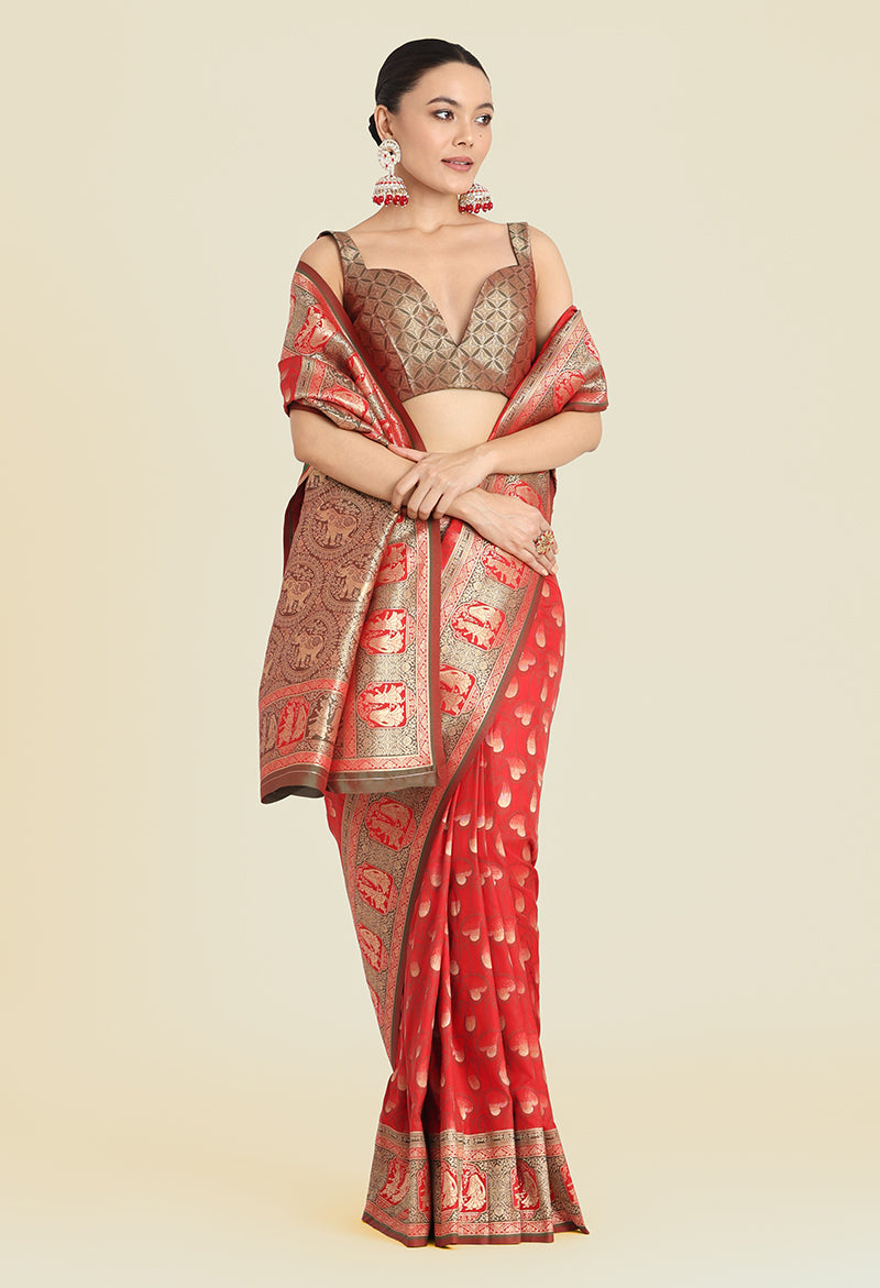 Monjolika Fashion Red Color Weaving Banarasi Silktraditional Saree | Grocsy