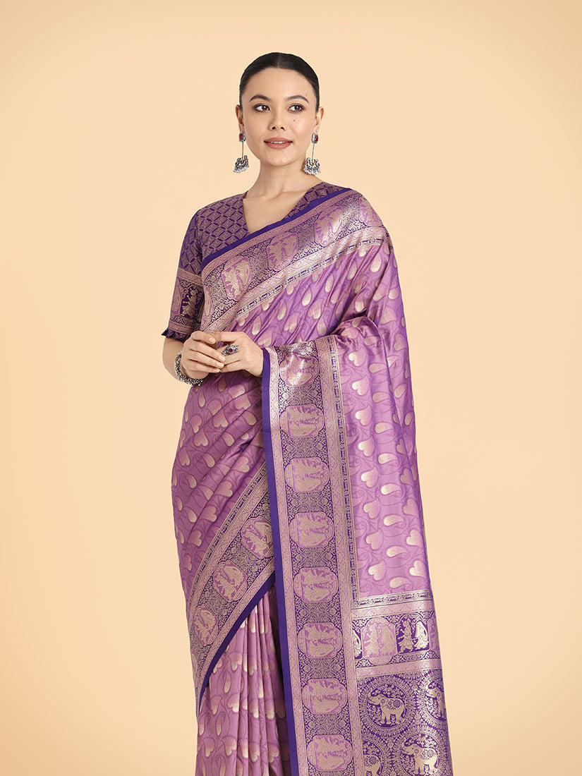Monjolika Fashion Lavender Color Weaving Banarasi Silktraditional Saree | Grocsy