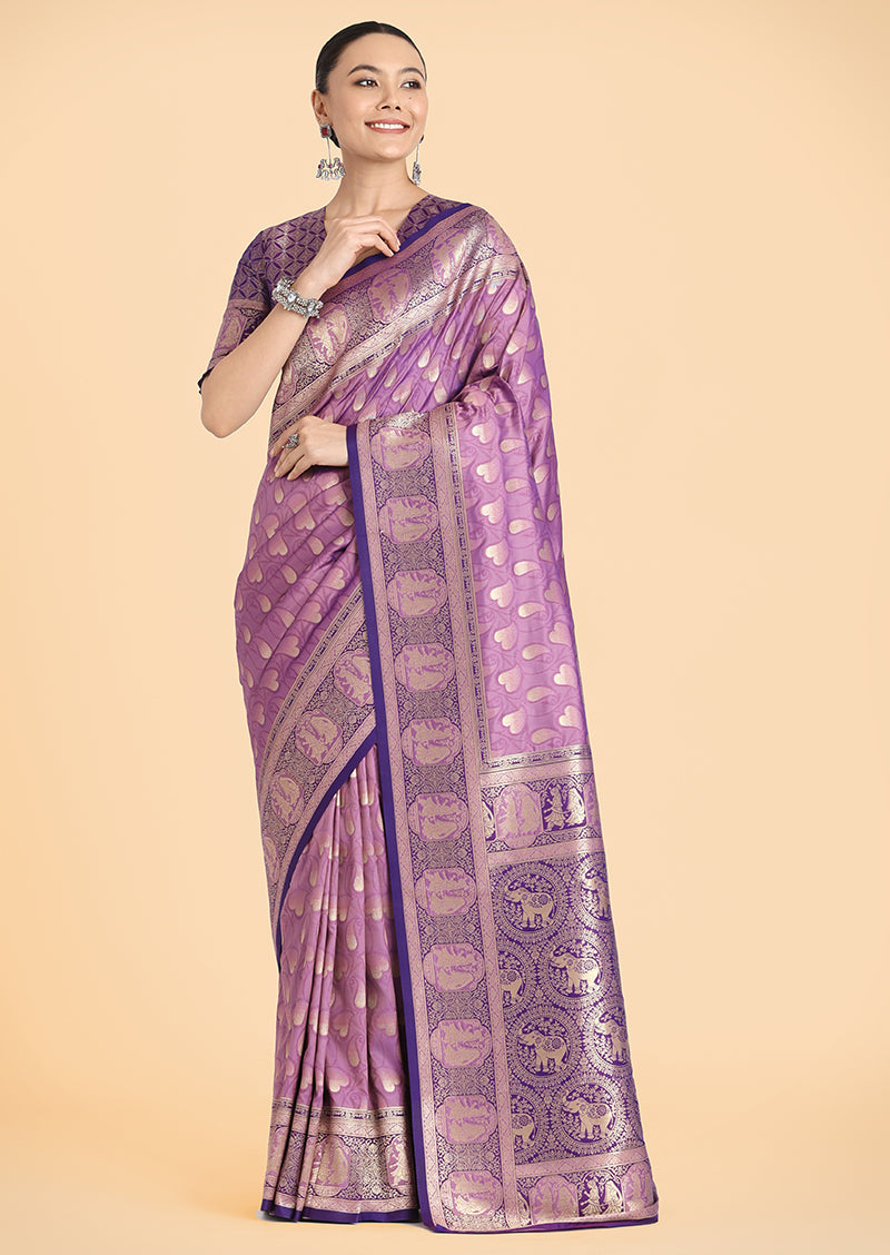 Monjolika Fashion Lavender Color Weaving Banarasi Silktraditional Saree | Grocsy