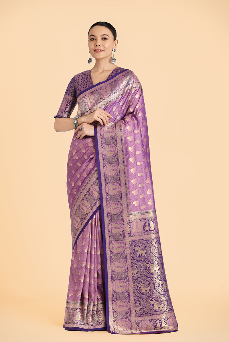 Monjolika Fashion Lavender Color Weaving Banarasi Silktraditional Saree | Grocsy