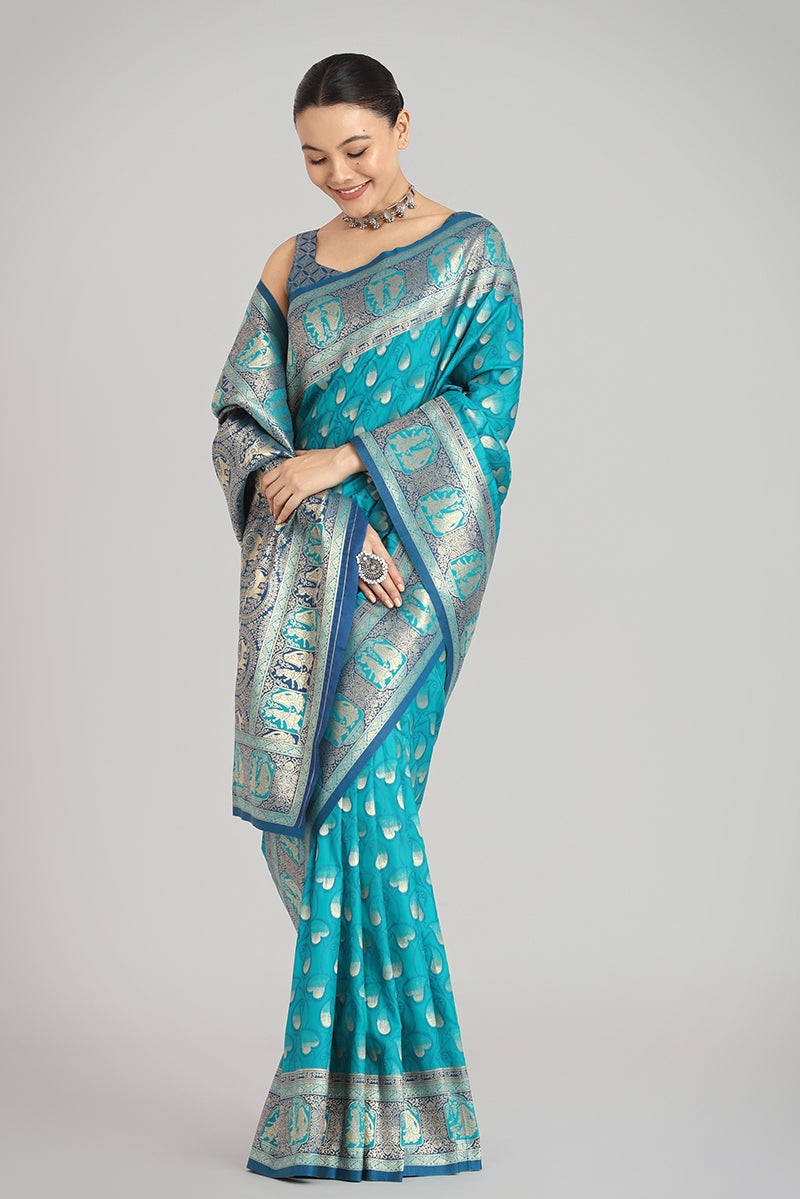 Monjolika Fashion Turquoise Blue Color Weaving Banarasi Silktraditional Saree | Grocsy
