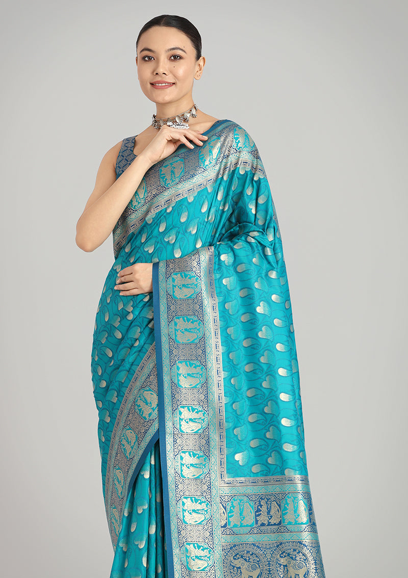 Monjolika Fashion Turquoise Blue Color Weaving Banarasi Silktraditional Saree | Grocsy