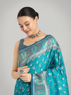 Monjolika Fashion Turquoise Blue Color Weaving Banarasi Silktraditional Saree | Grocsy
