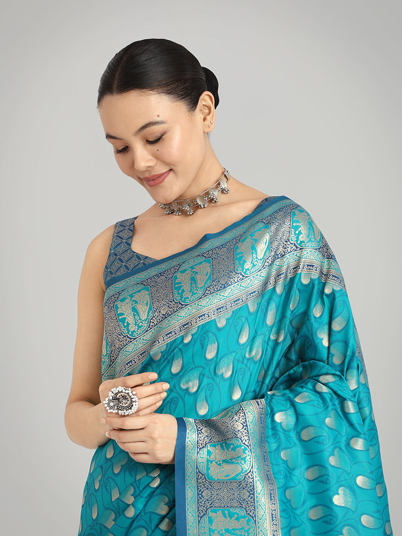 Monjolika Fashion Turquoise Blue Color Weaving Banarasi Silktraditional Saree | Grocsy