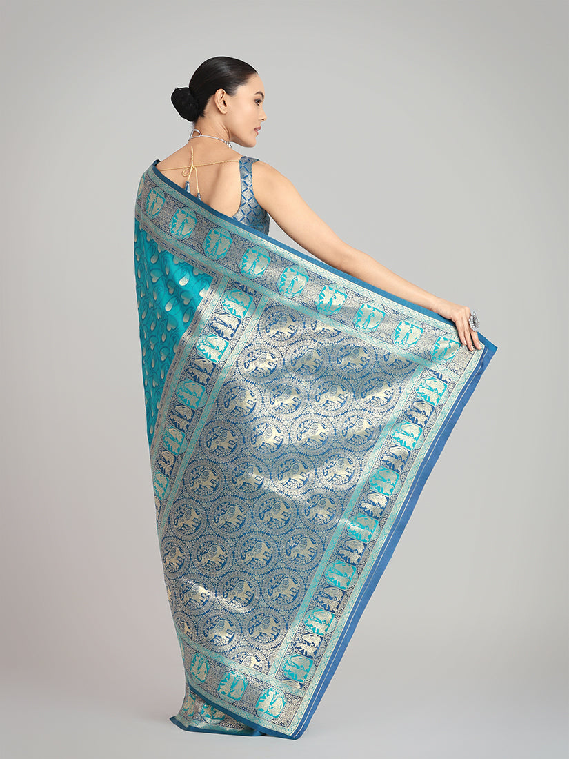 Monjolika Fashion Turquoise Blue Color Weaving Banarasi Silktraditional Saree | Grocsy