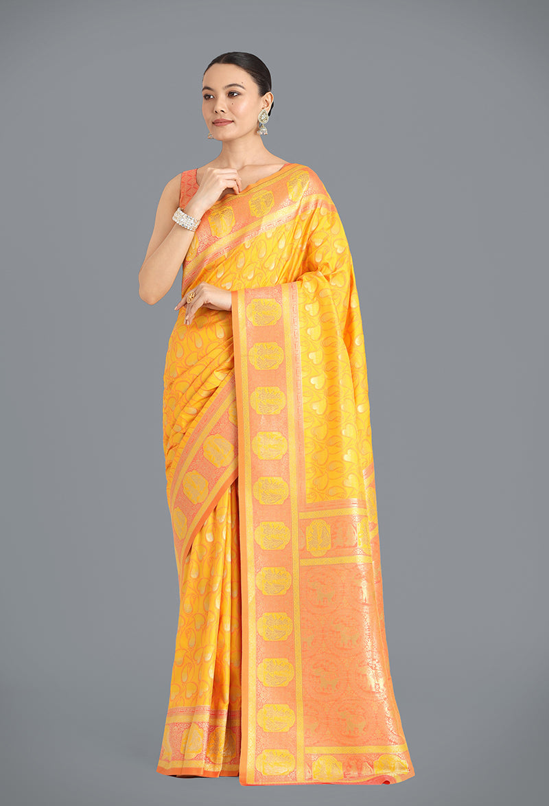 Monjolika Fashion Yellow Color Weaving Banarasi Silktraditional Saree | Grocsy