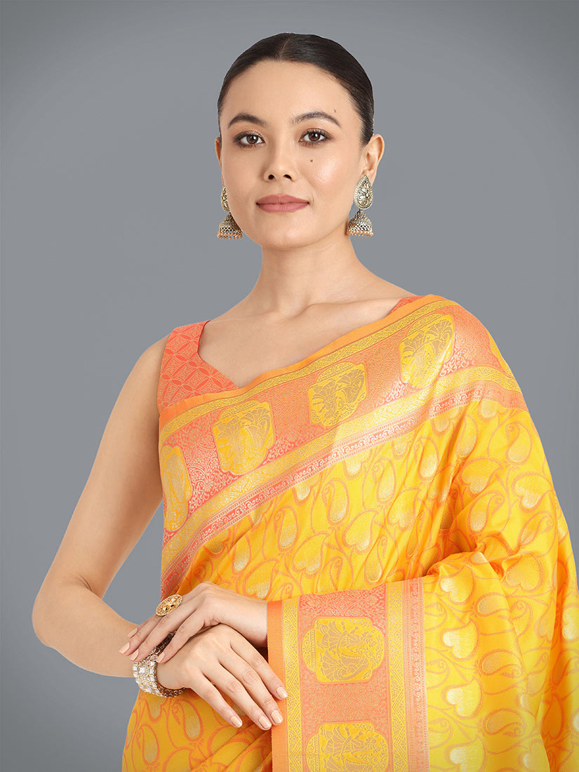 Monjolika Fashion Yellow Color Weaving Banarasi Silktraditional Saree | Grocsy