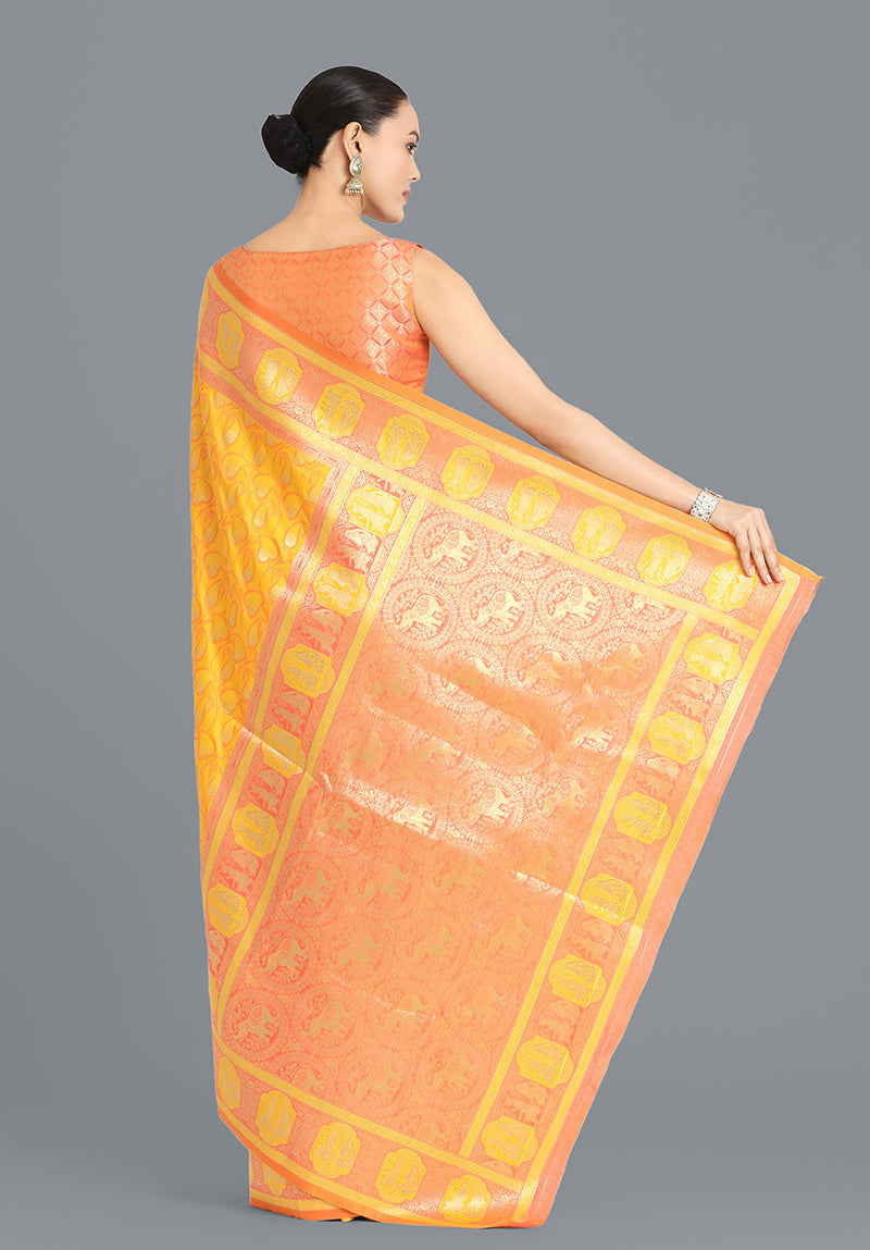 Monjolika Fashion Yellow Color Weaving Banarasi Silktraditional Saree | Grocsy