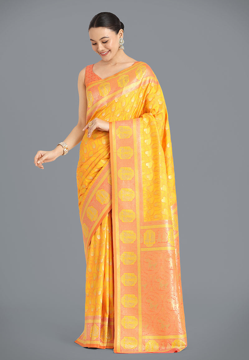 Monjolika Fashion Yellow Color Weaving Banarasi Silktraditional Saree | Grocsy