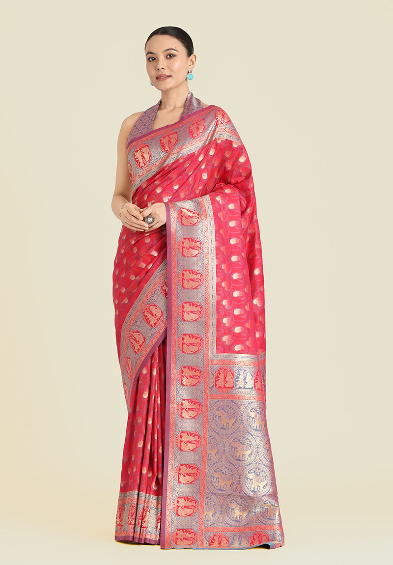Monjolika Fashion Pink Color Weaving Banarasi Silktraditional Saree | Grocsy