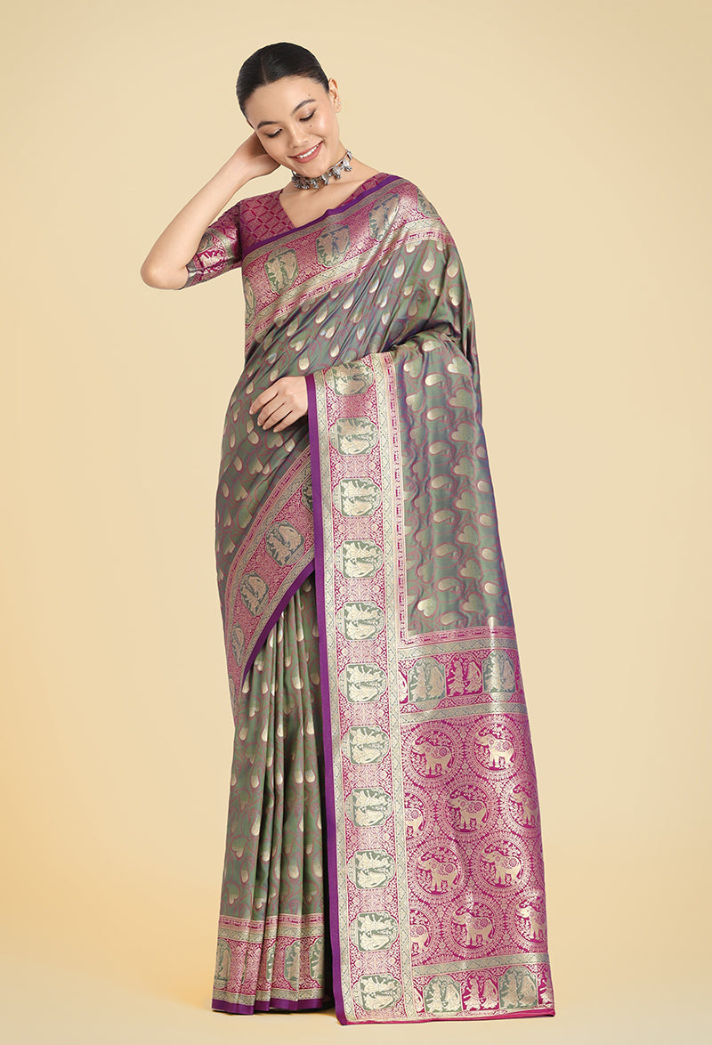 Monjolika Fashion Olive Green Color Weaving Banarasi Silktraditional Saree | Grocsy