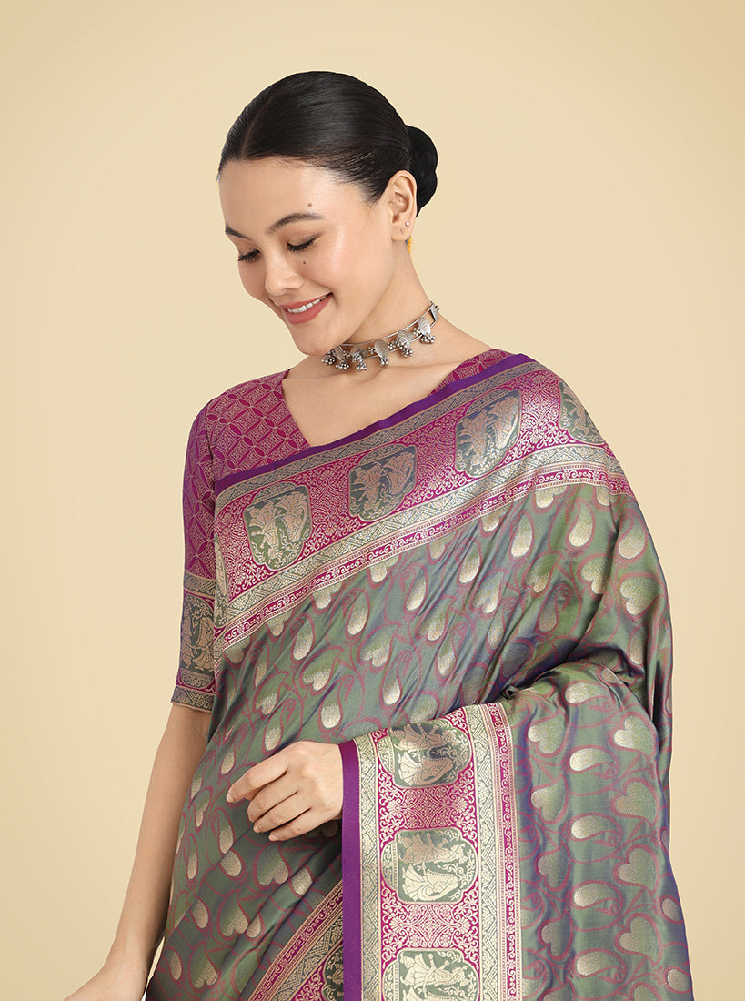 Monjolika Fashion Olive Green Color Weaving Banarasi Silktraditional Saree | Grocsy