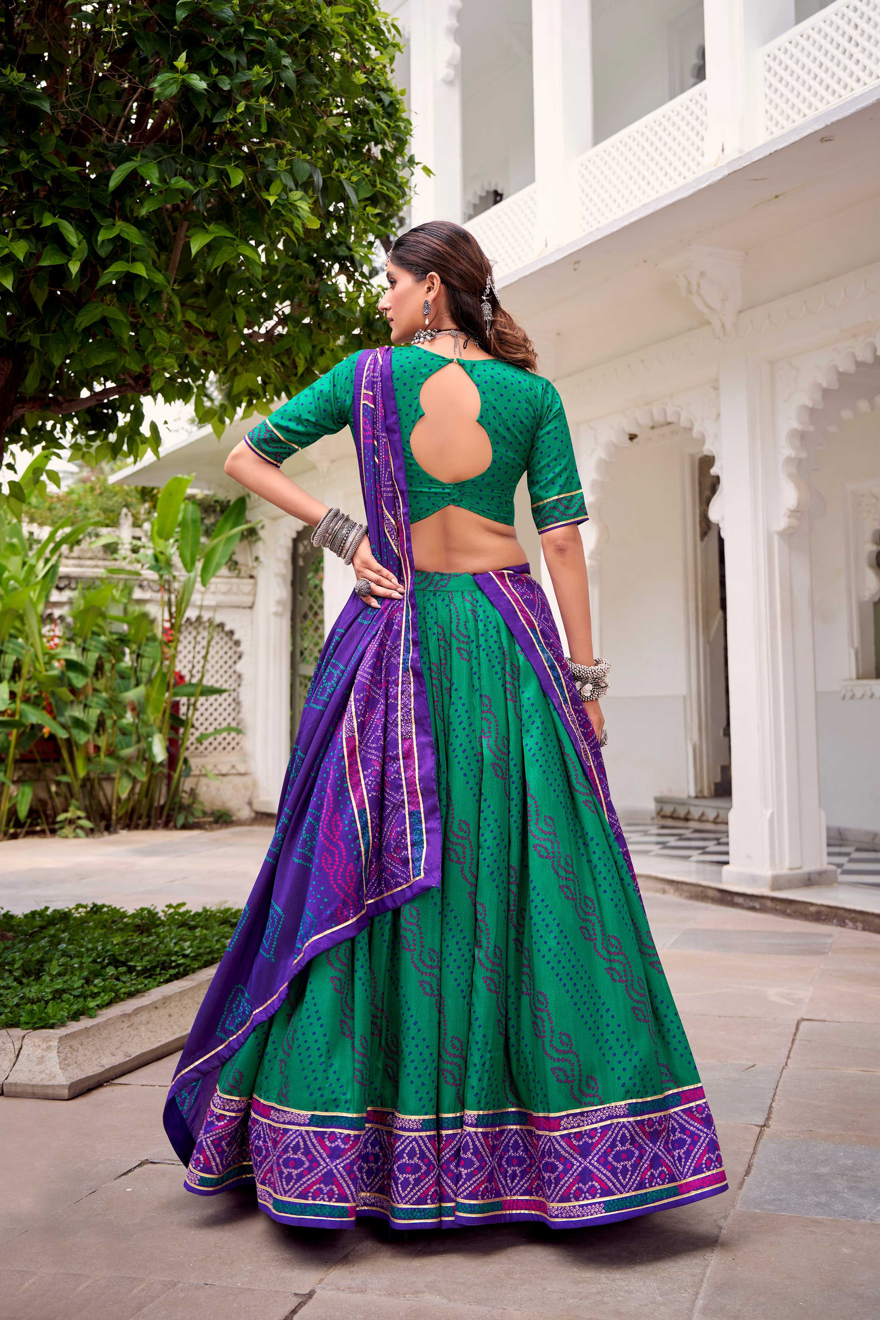 Evanik Green Tassa Silk With Bandhej Print Lehenga Choli | Grocsy