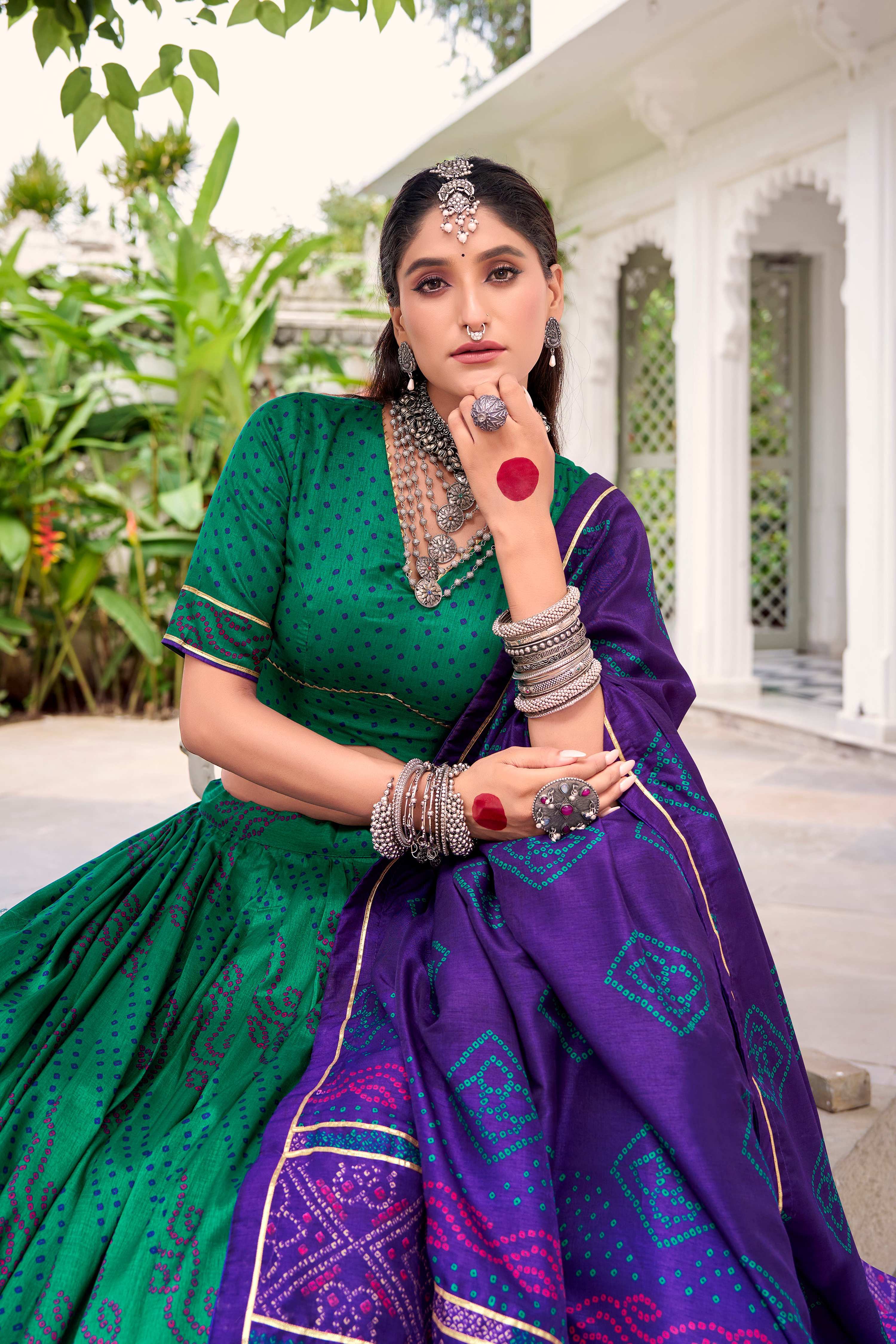 Evanik Green Tassa Silk With Bandhej Print Lehenga Choli | Grocsy
