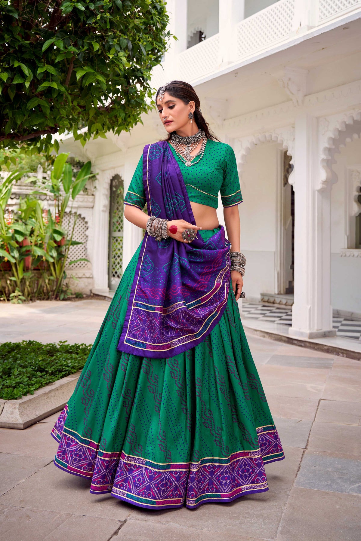 Evanik Green Tassa Silk With Bandhej Print Lehenga Choli | Grocsy