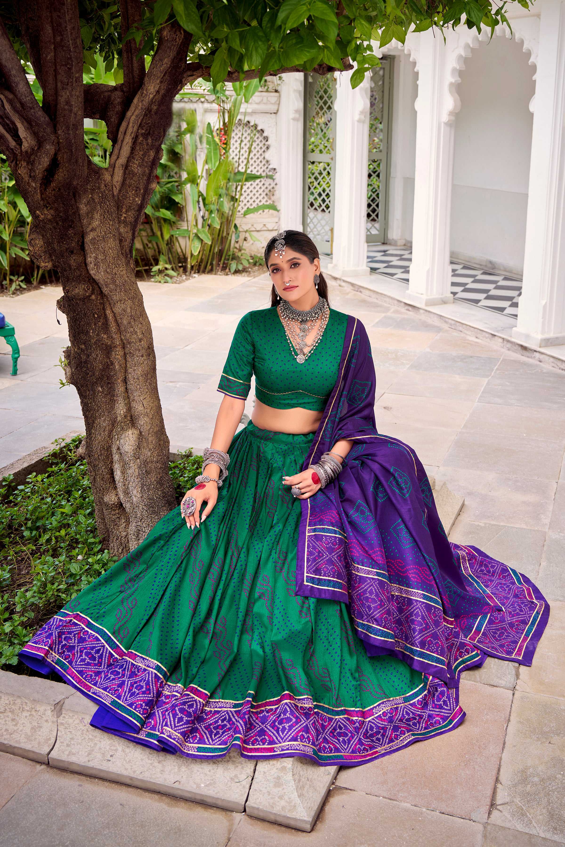 Evanik Green Tassa Silk With Bandhej Print Lehenga Choli | Grocsy
