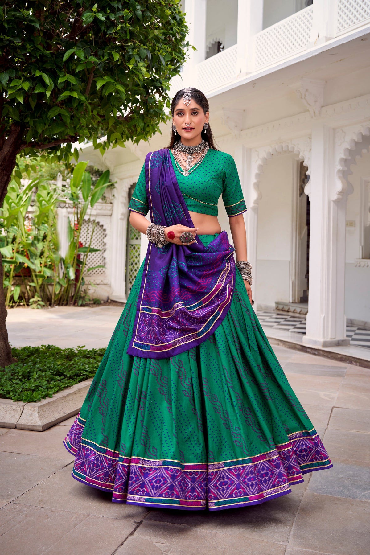 Lorenvalley Fashion Green Tasar Silk Bandhej Print With Gotta Patti Lace Touch Up Lehenga Choli with Dupatta | Grocsy